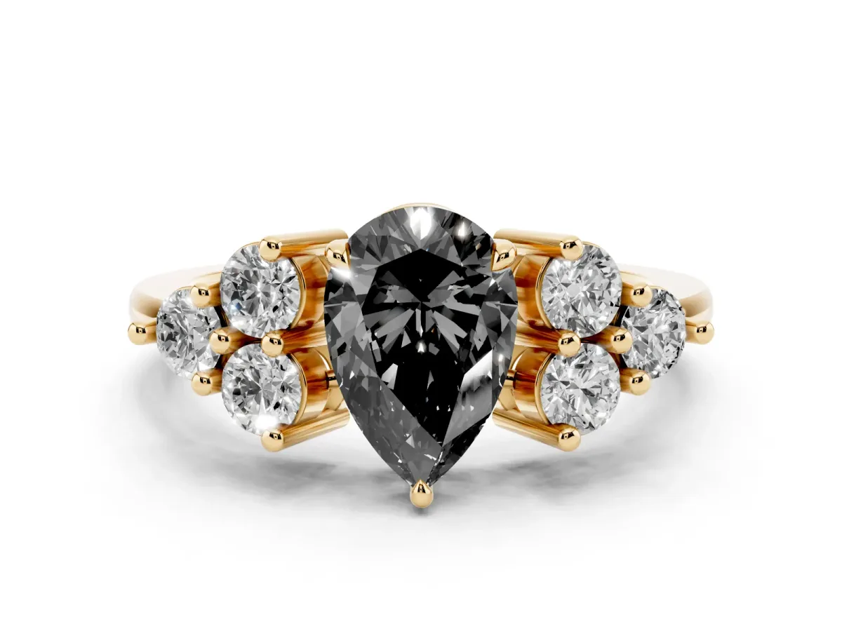 Fancy Black Pear Cut Brilliant Diamond Cluster Accent Solitaire Ring with Prong Setting Yellow gold