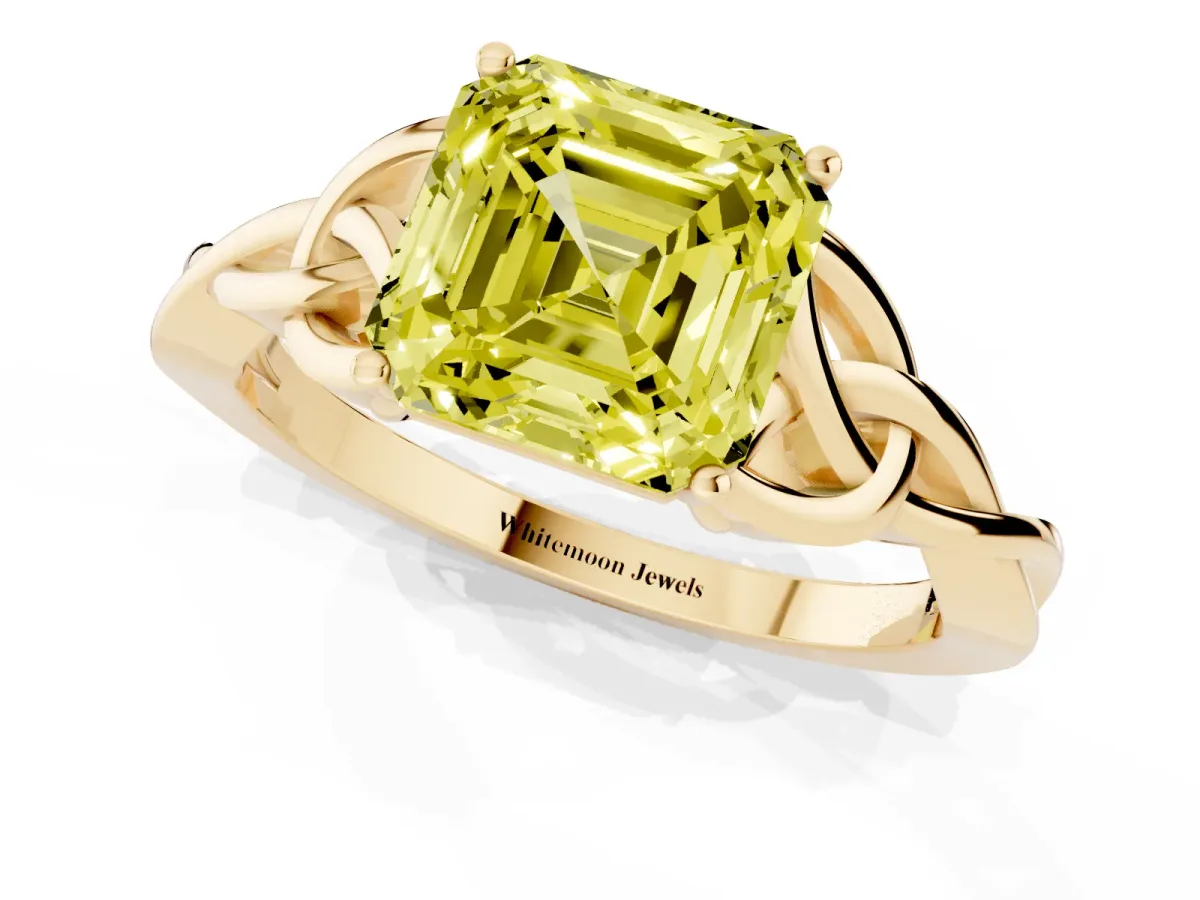 Fancy Yellow Asscher Cut Diamond Solitaire Engagement Ring with Celtic Knot Band and Four-Prong Setting Yellow gold