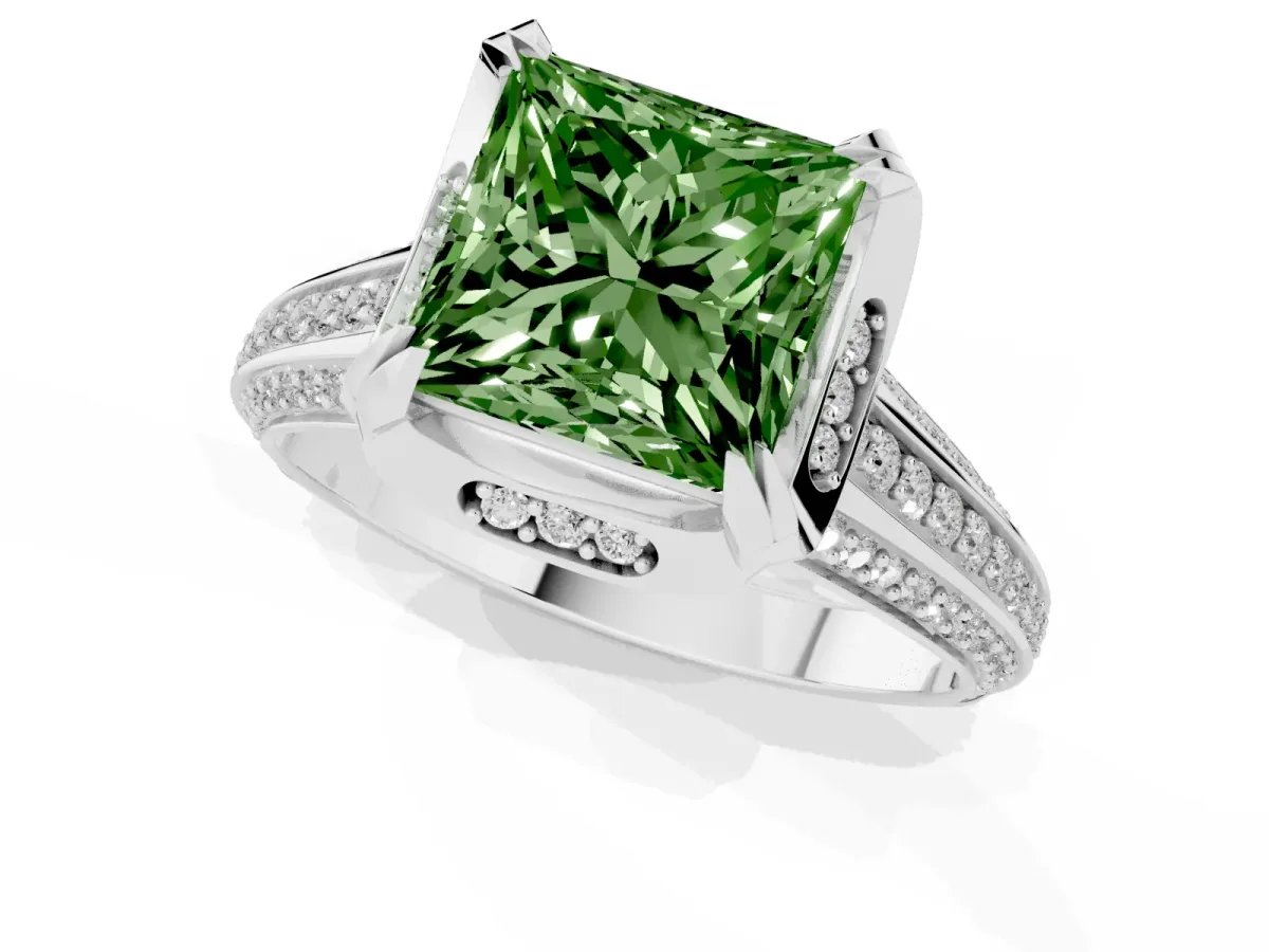 Fancy Green Princess Cut Solitaire Pave Split Shank Ring with Four-Prong Setting Silver
