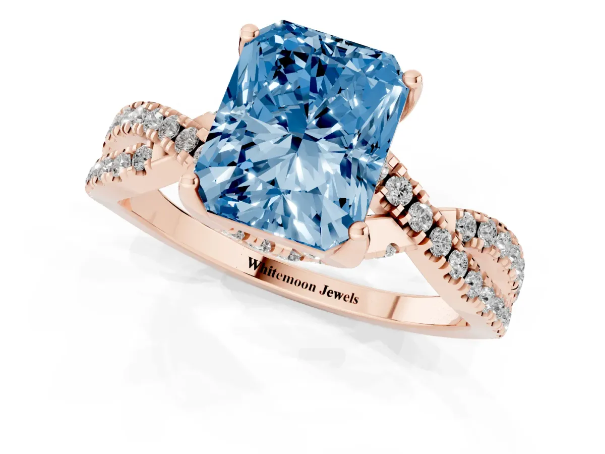 Fancy Blue Radiant Cut Solitaire Twist Pave Diamond Engagement Ring with Prong Setting Rose gold