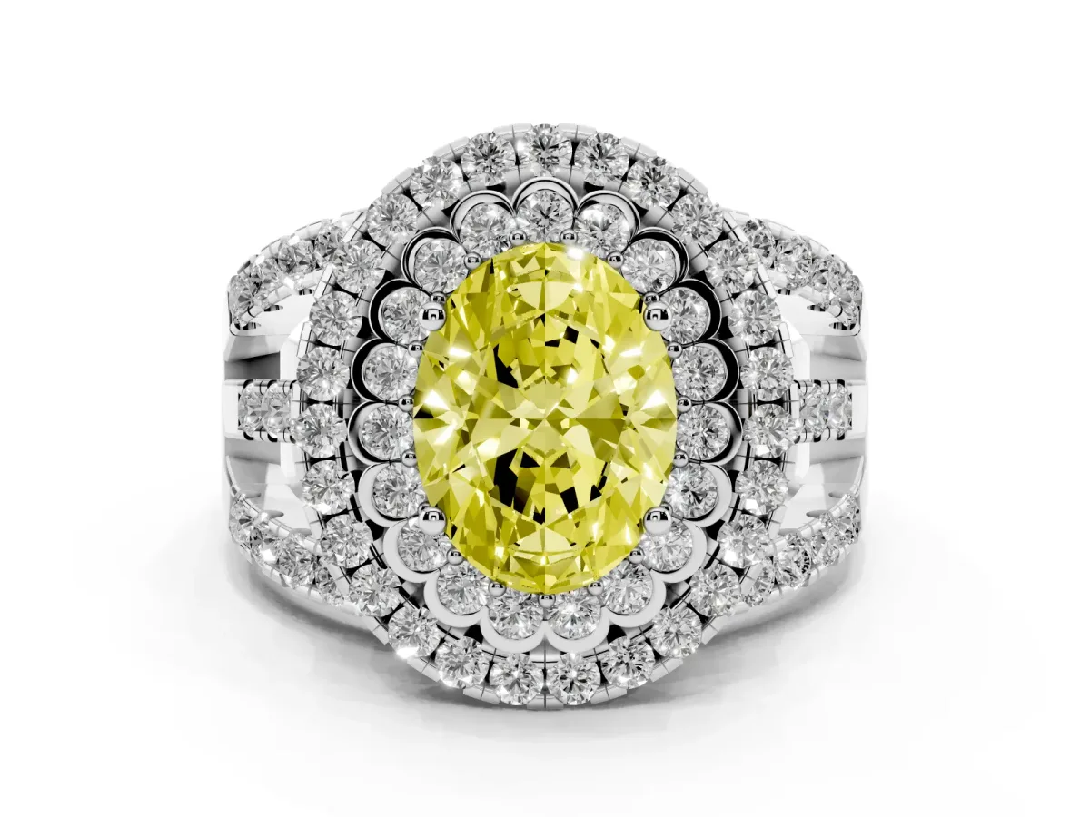 Fancy Yellow Oval Cut Diamond Double Halo Ring with Round Pavé Split Shank and Prong Setting Silver