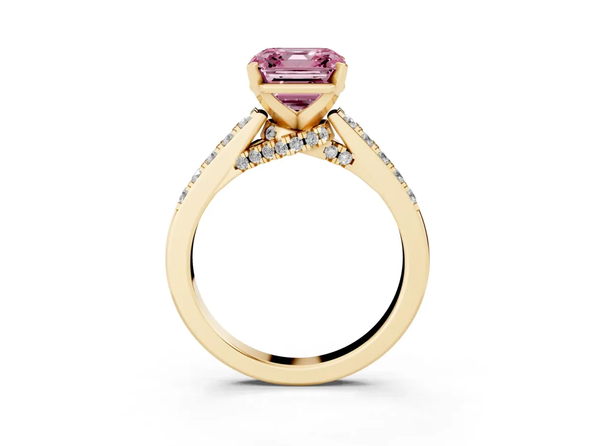 Fancy Pink Asscher Cut Diamond Solitaire Ring with Crossover Gallery and Round Pavé Band Yellow gold