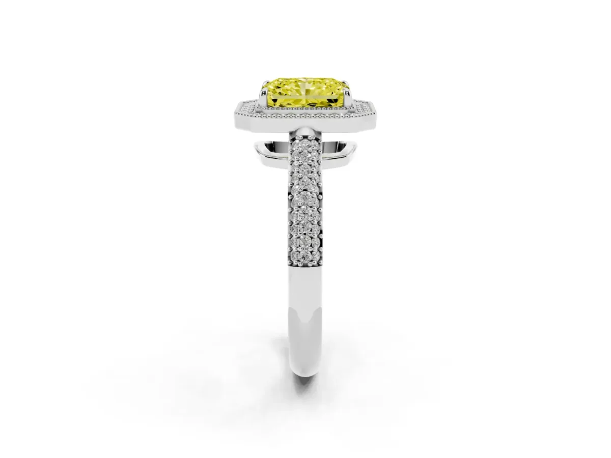 Fancy Yellow Radiant Cut Cut Halo Diamond Pave Band with Four-Prong Setting Silver