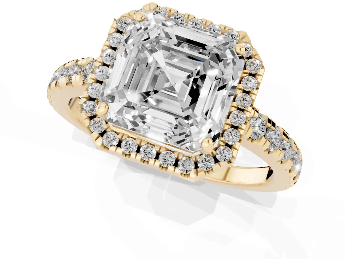 Asscher Cut Diamond Halo Ring with Pavé Band and Four-Prong Setting Yellow gold