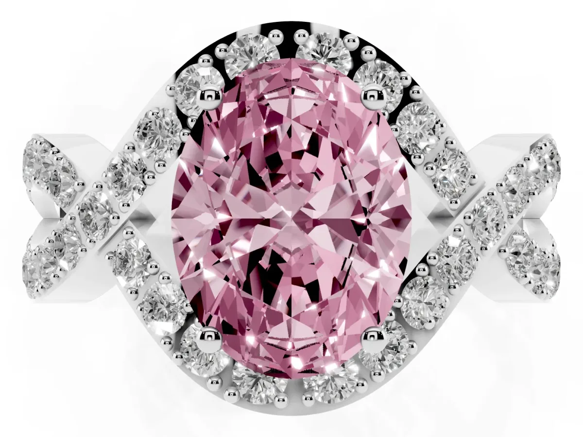 Fancy Pink Oval Cut Solitaire Twist Band Pavé Diamond Engagement Ring Silver