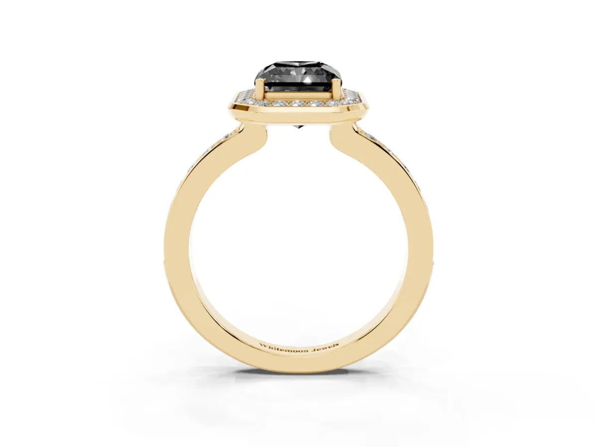 Fancy Black Radiant Cut Diamond Halo Ring with Bezel Frame and Pavé Band Yellow gold