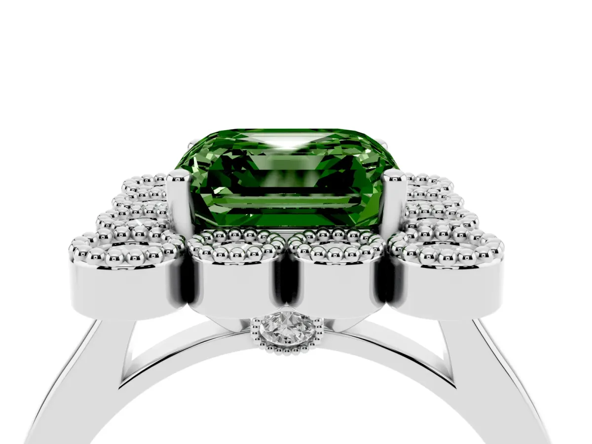 Fancy Green Asscher Cut Halo Diamond Cluster Engagement Ring with Milgrain Bezel Setting and Solitaire Band Silver
