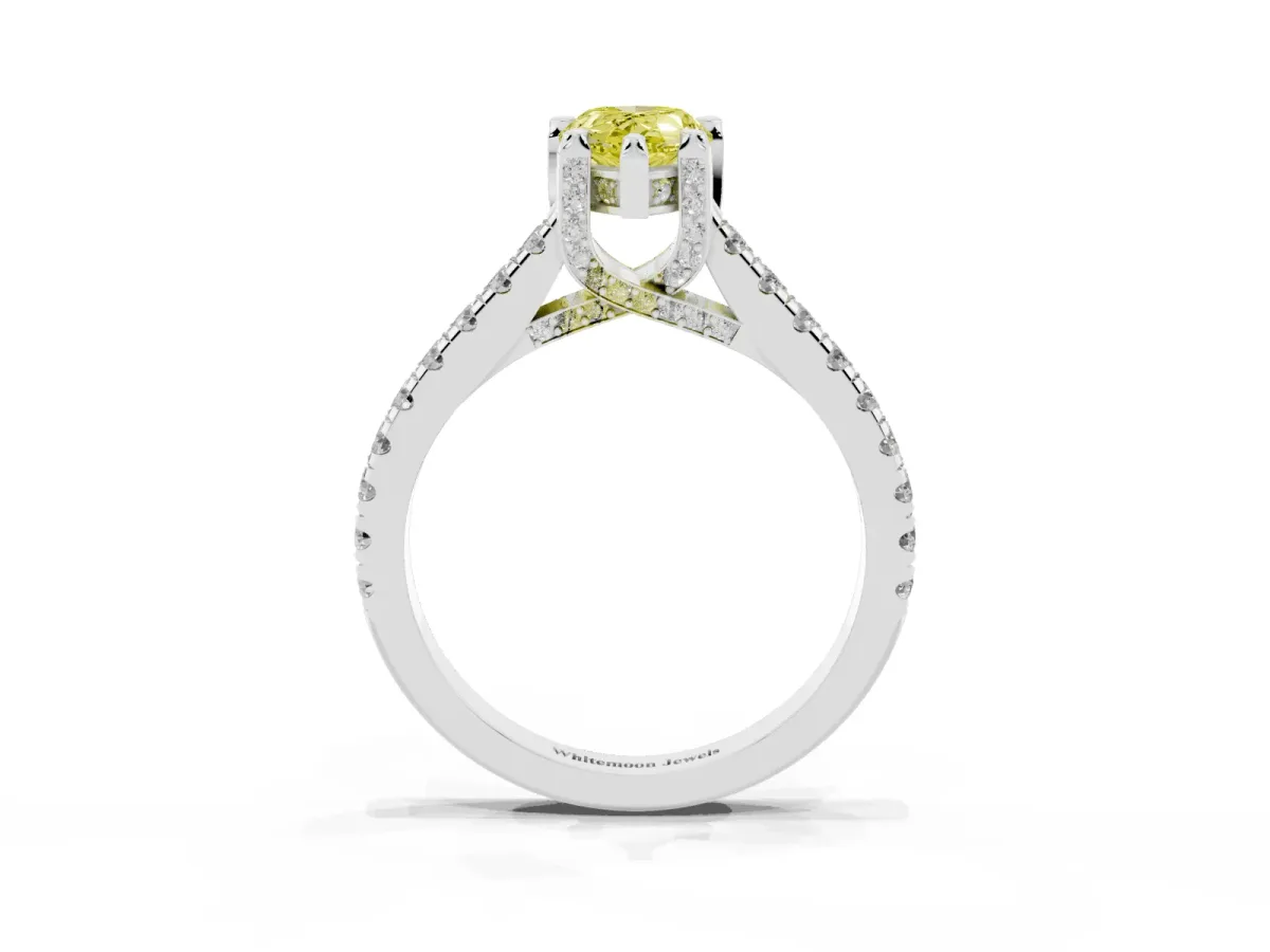 Fancy Yellow Pear Cut Brilliant Diamond Solitaire with Pavé Band and Four-Prong Setting Silver