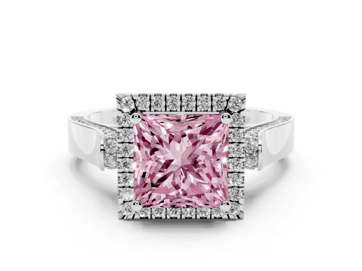 Fancy Pink Princess Cut Halo Round Diamond Twist Band with Four-Prong Setting White gold