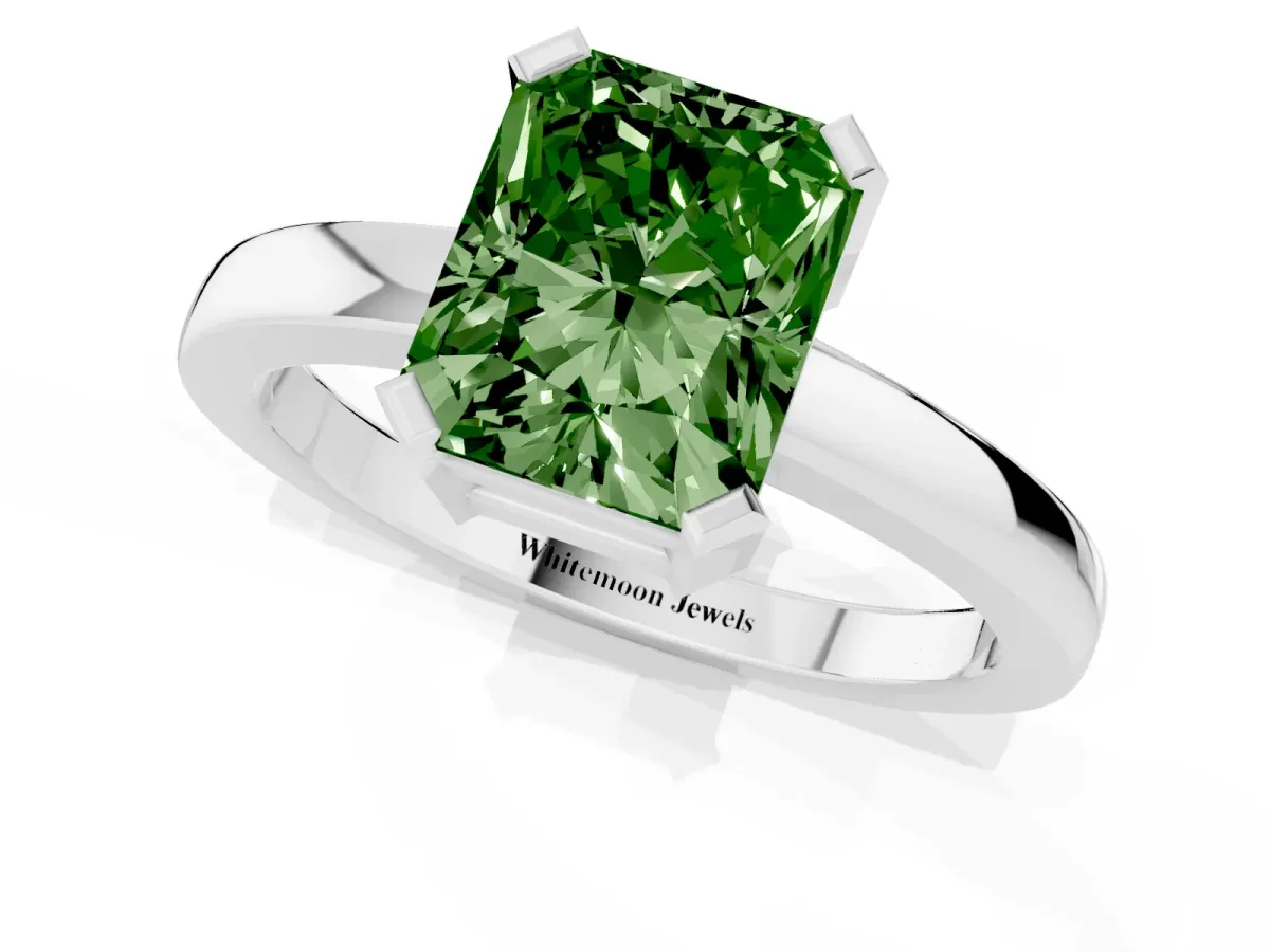Fancy Green Radiant Cut Cut Solitaire Ring with Four-Prong Setting and Classic Band Silver
