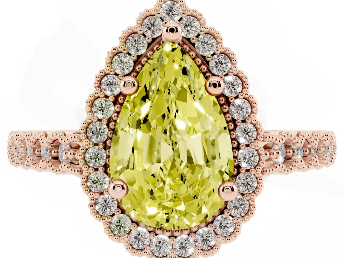 Fancy Yellow Pear Cut Cut Halo Pavé Solitaire Ring with Milgrain Band Rose gold