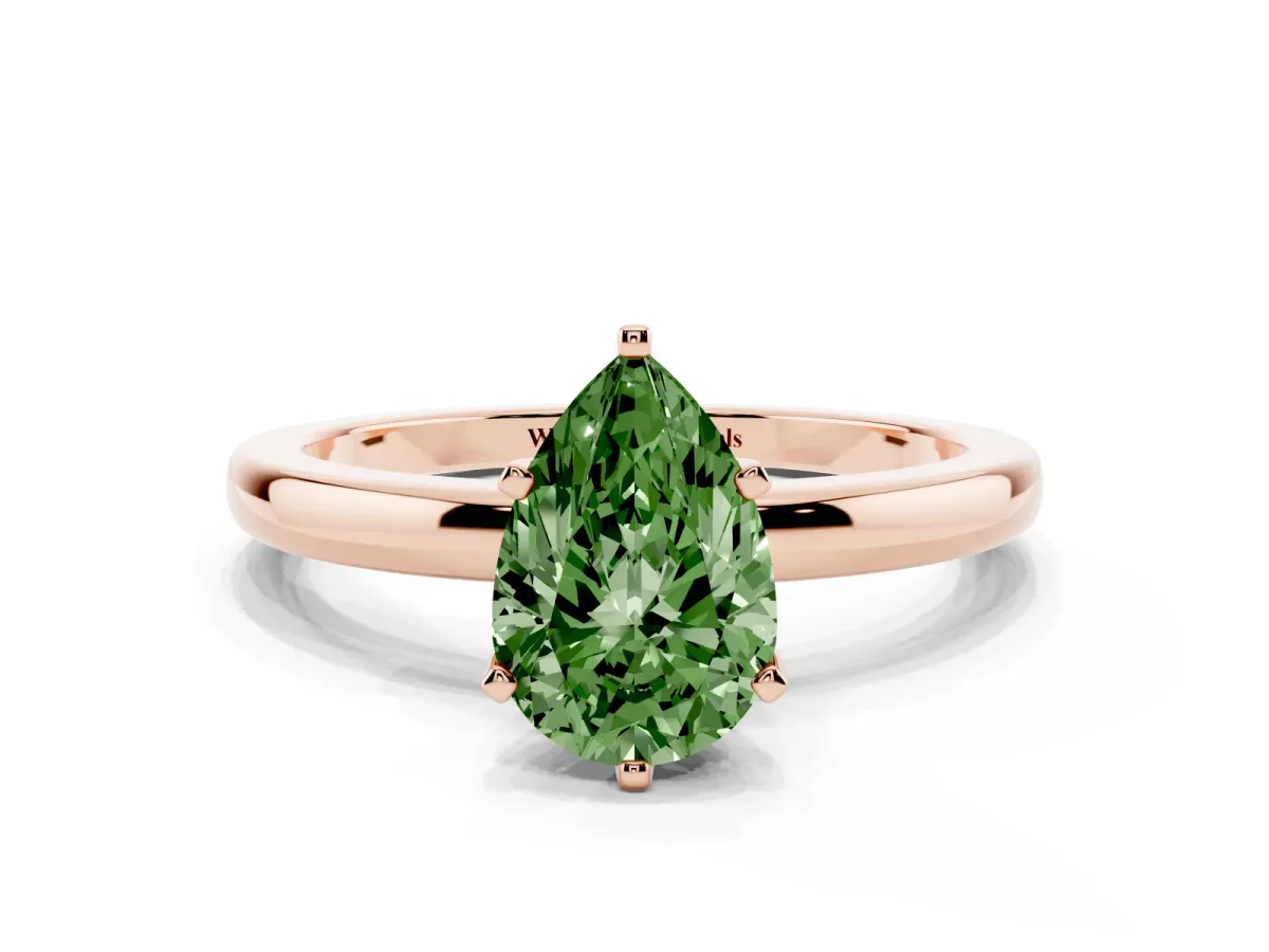 Fancy Green Pear Cut Solitaire Diamond Ring with Six-Prong Setting on a Classic Band Rose gold