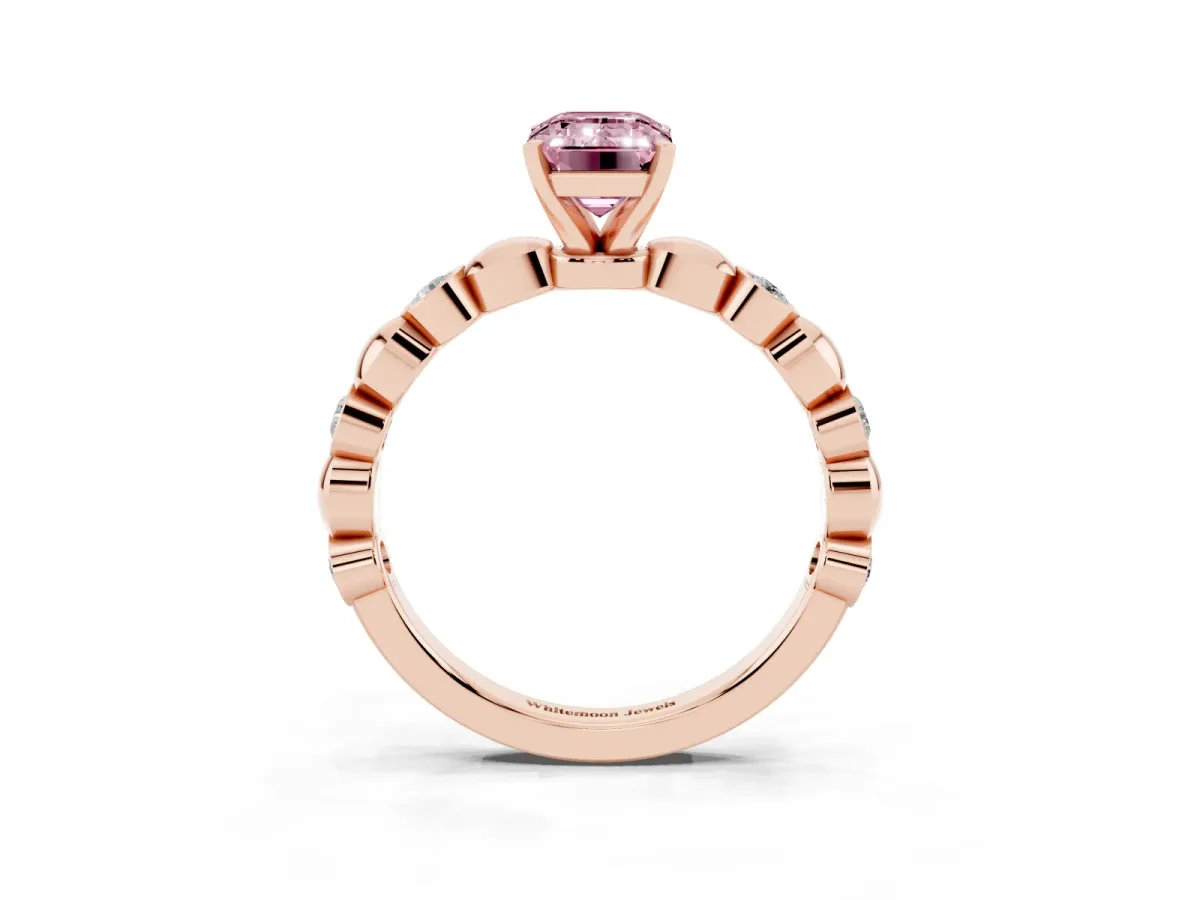 Fancy Pink Emerald Cut Solitaire Bezel-Set Diamond Ring with Beaded Band and Four-Prong Setting Rose gold
