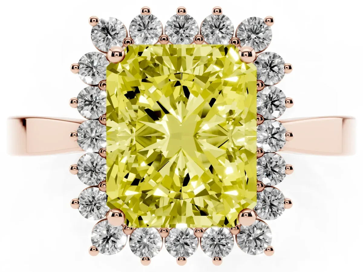 Fancy Yellow Radiant Cut Cut Diamond Halo Ring with Round Brilliant Halo and Solitaire Band Rose gold