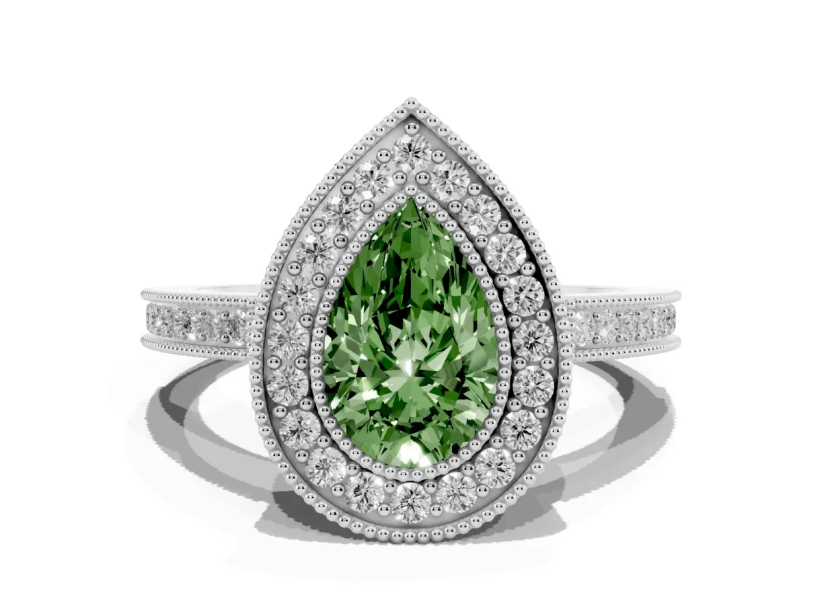 Fancy Green Pear Cut Cut Halo Diamond Ring with Pavé Band and Milgrain Prong Setting Platinum