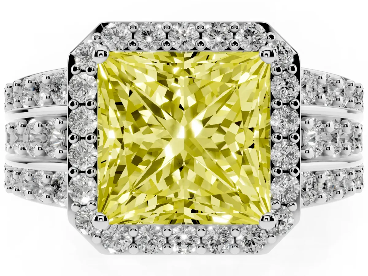 Fancy Yellow Princess Cut Halo Diamond Ring with Round Split Shank and Prong Setting Silver