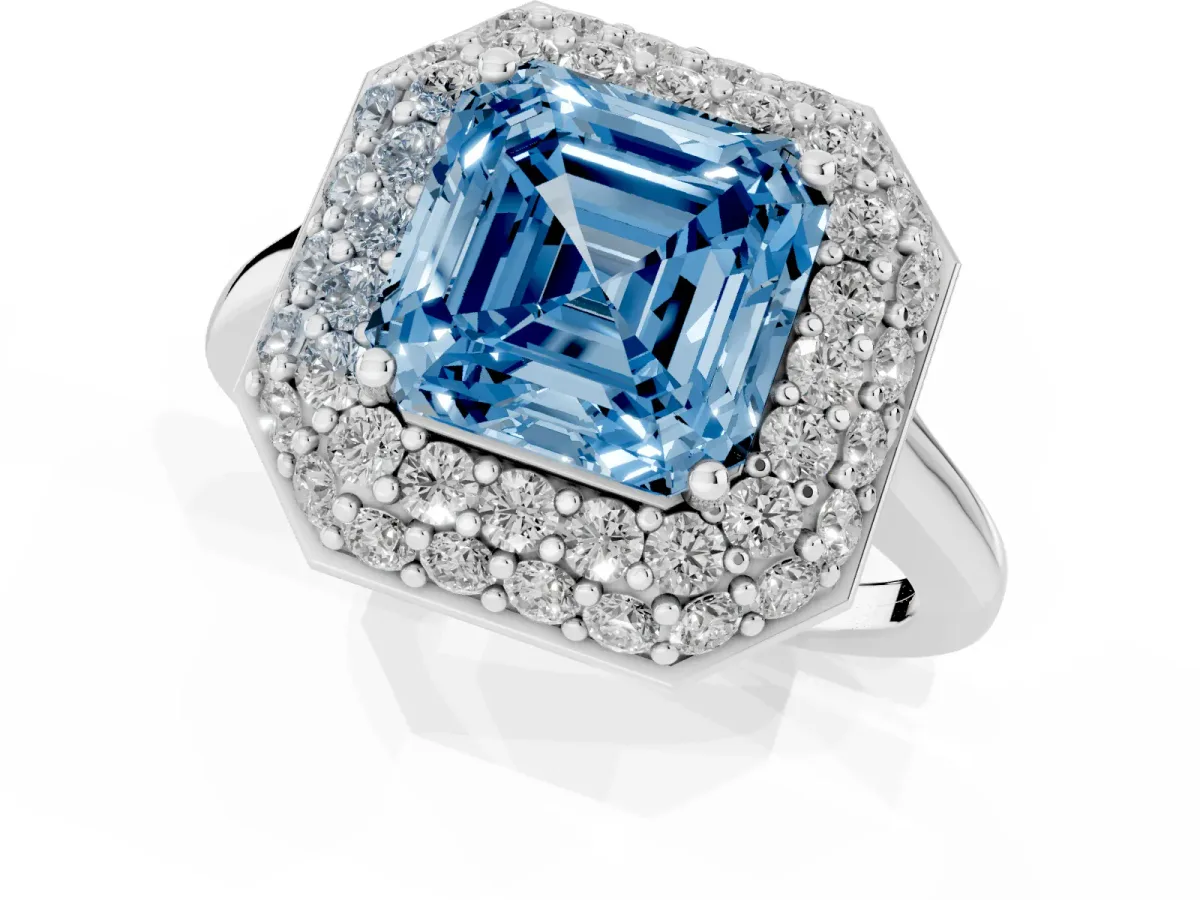 Fancy Blue Asscher Cut Halo Diamond Engagement Ring with Solitaire Band and Four-Prong Setting Platinum