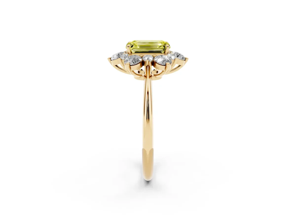 Fancy Yellow Emerald Cut Diamond Cluster Halo Ring with Solitaire Band and Four-Prong Setting Yellow gold