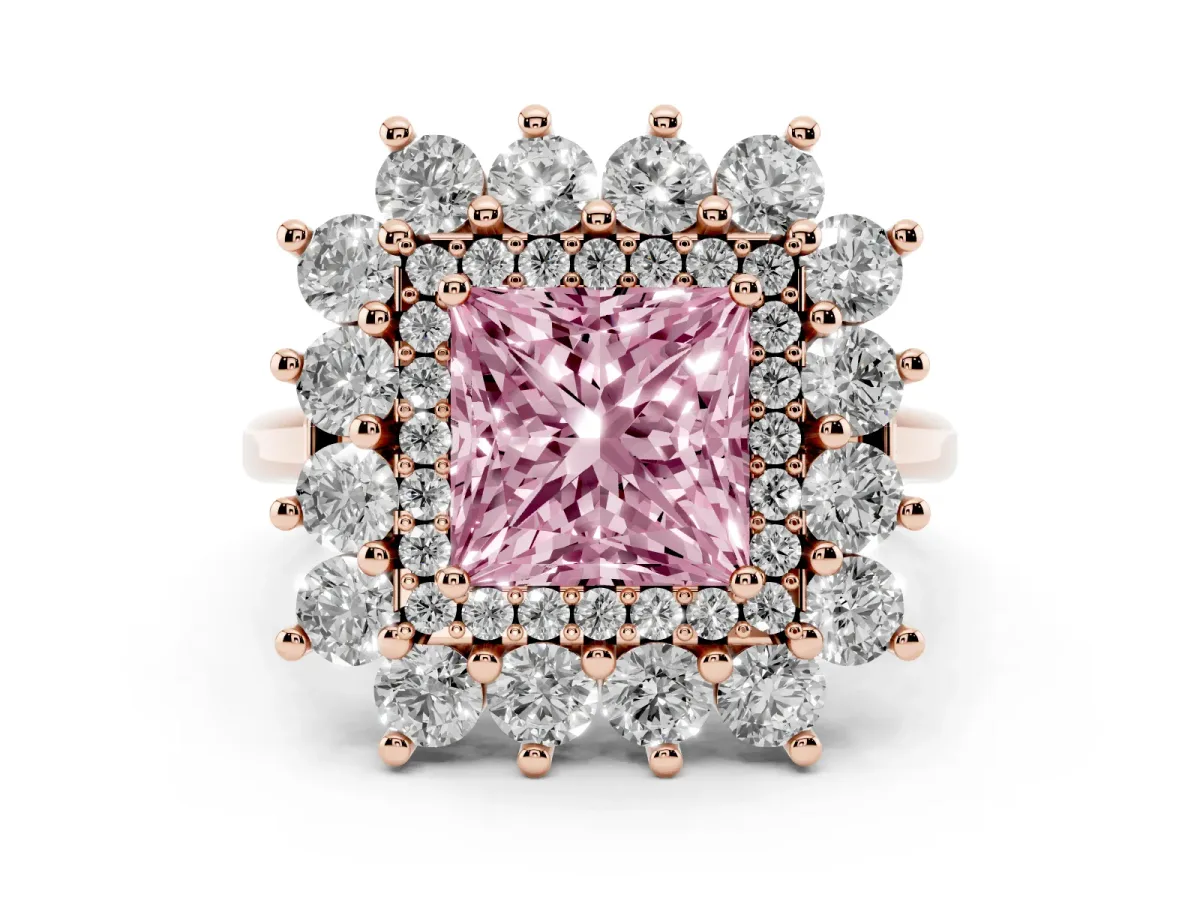 Fancy Pink Princess Cut Diamond Floral Double Halo Engagement Ring with Prong Setting Rose gold