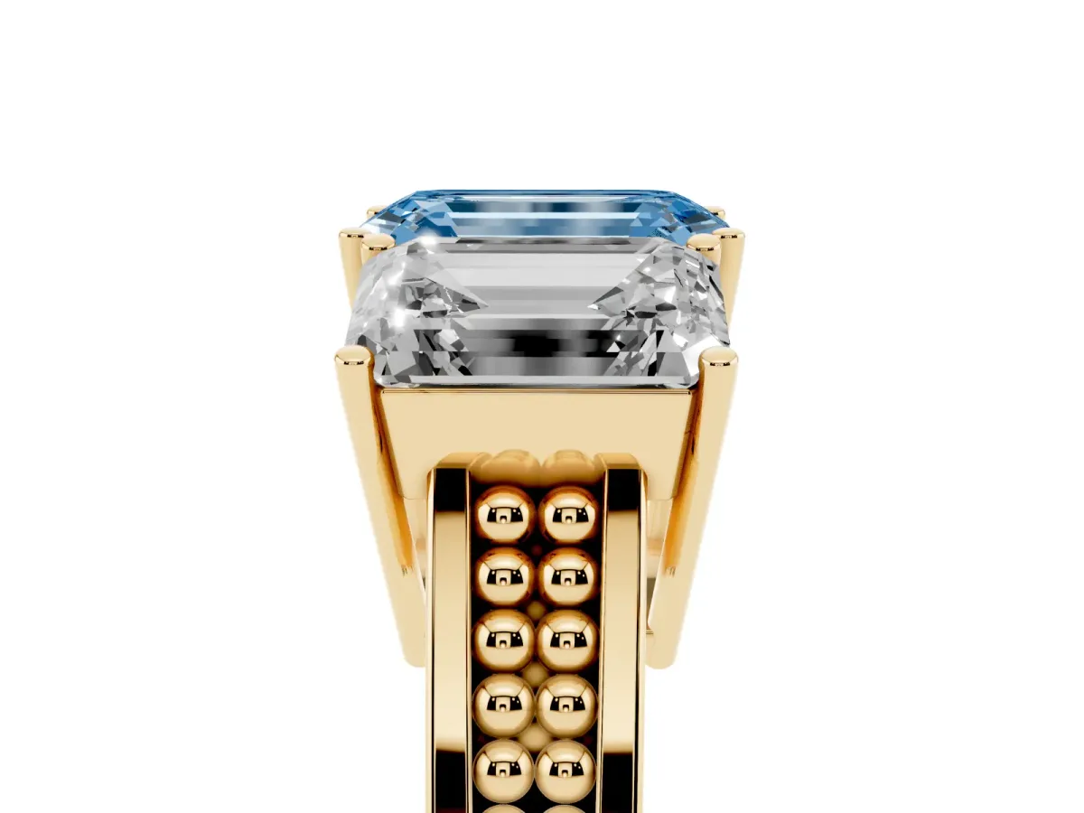 Fancy Blue Emerald Cut Diamond Three-Stone Ring with Prong Setting and Textured Band Yellow gold