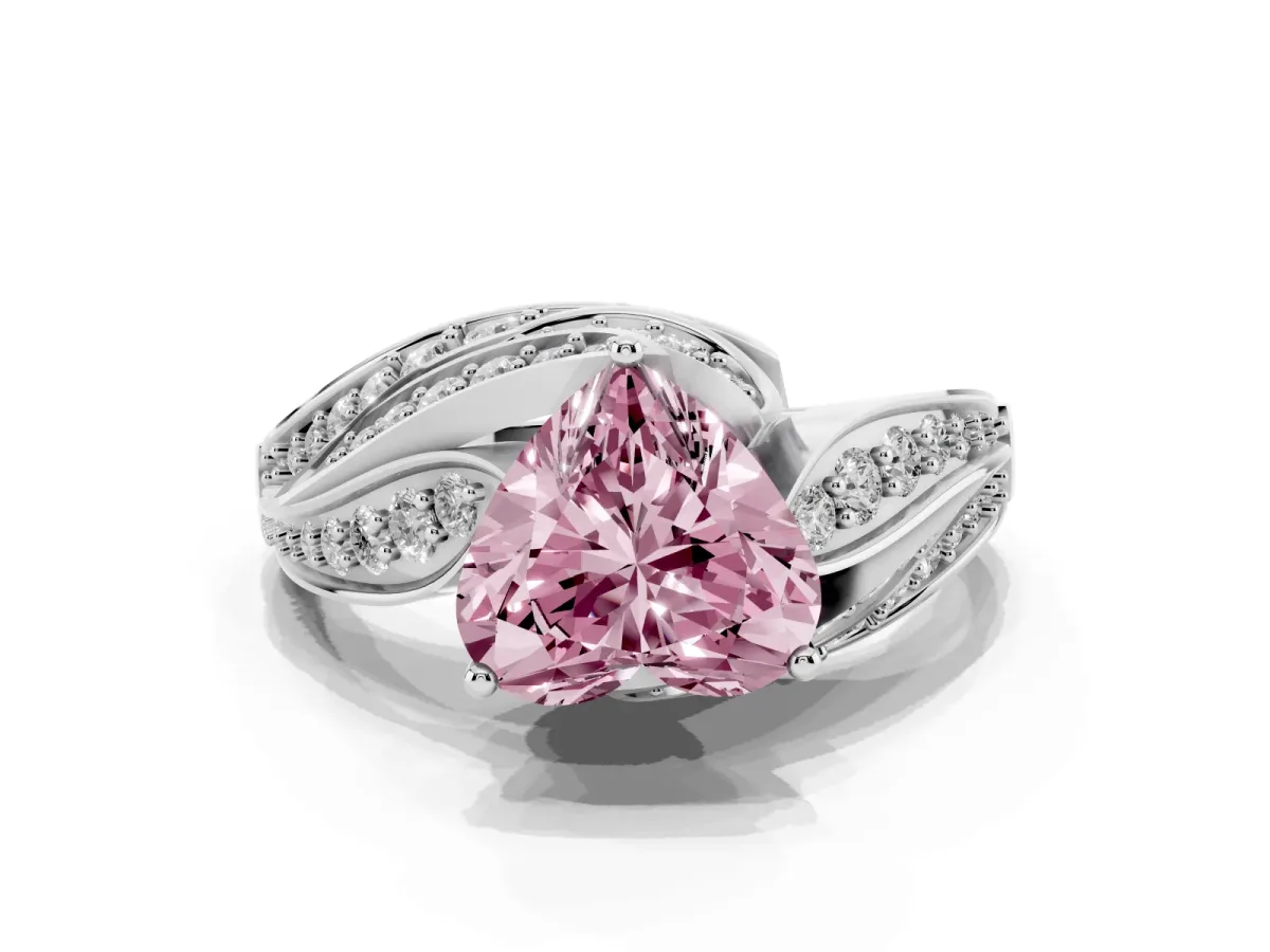 Fancy Pink Heart Cut Diamond Solitaire Ring with Prong Setting and Twisted Pavé Band Silver