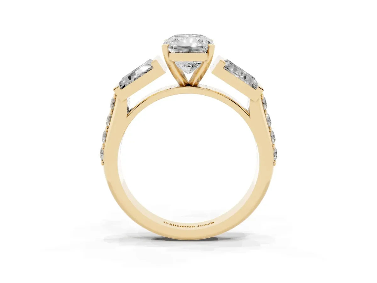 Radiant Cut Diamond Engagement Ring with Baguette Side Stones and Channel Set Band Yellow gold