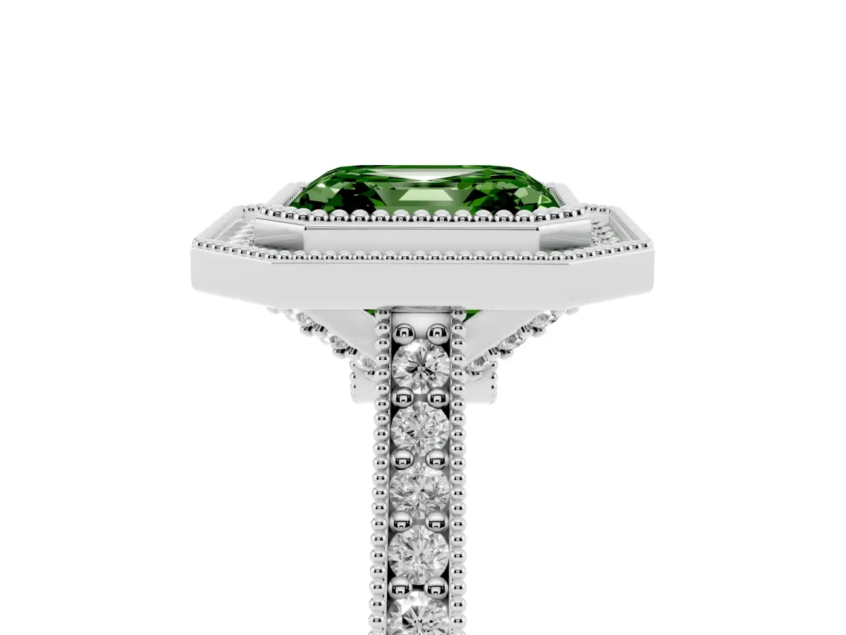Fancy Green Halo Asscher Cut-Cut Diamond Pave Band Milgrain Prong Setting Ring Platinum