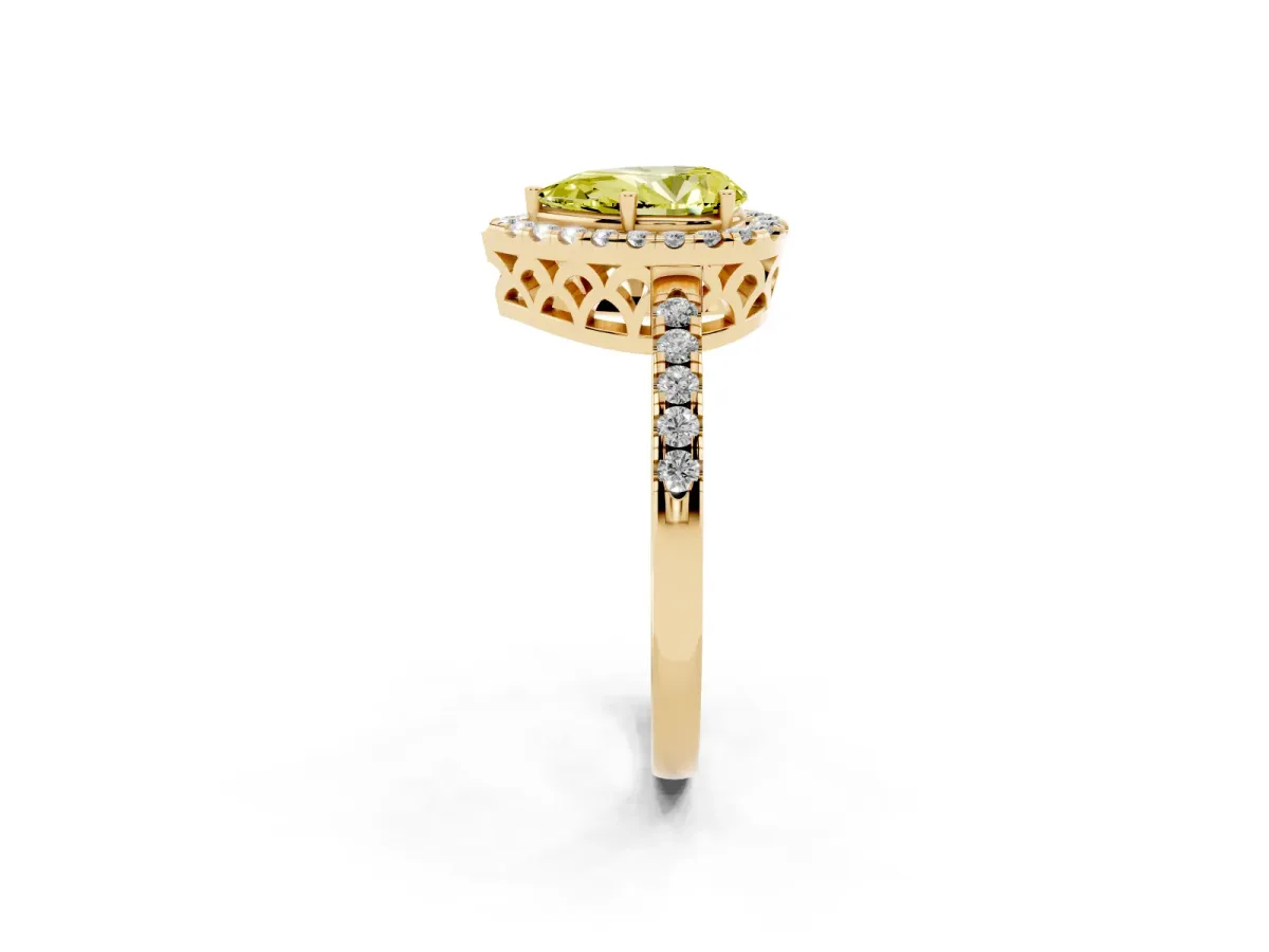 Fancy Yellow Pear Cut Halo Diamond Engagement Ring with Pavé Band and Four-Prong Setting Yellow gold