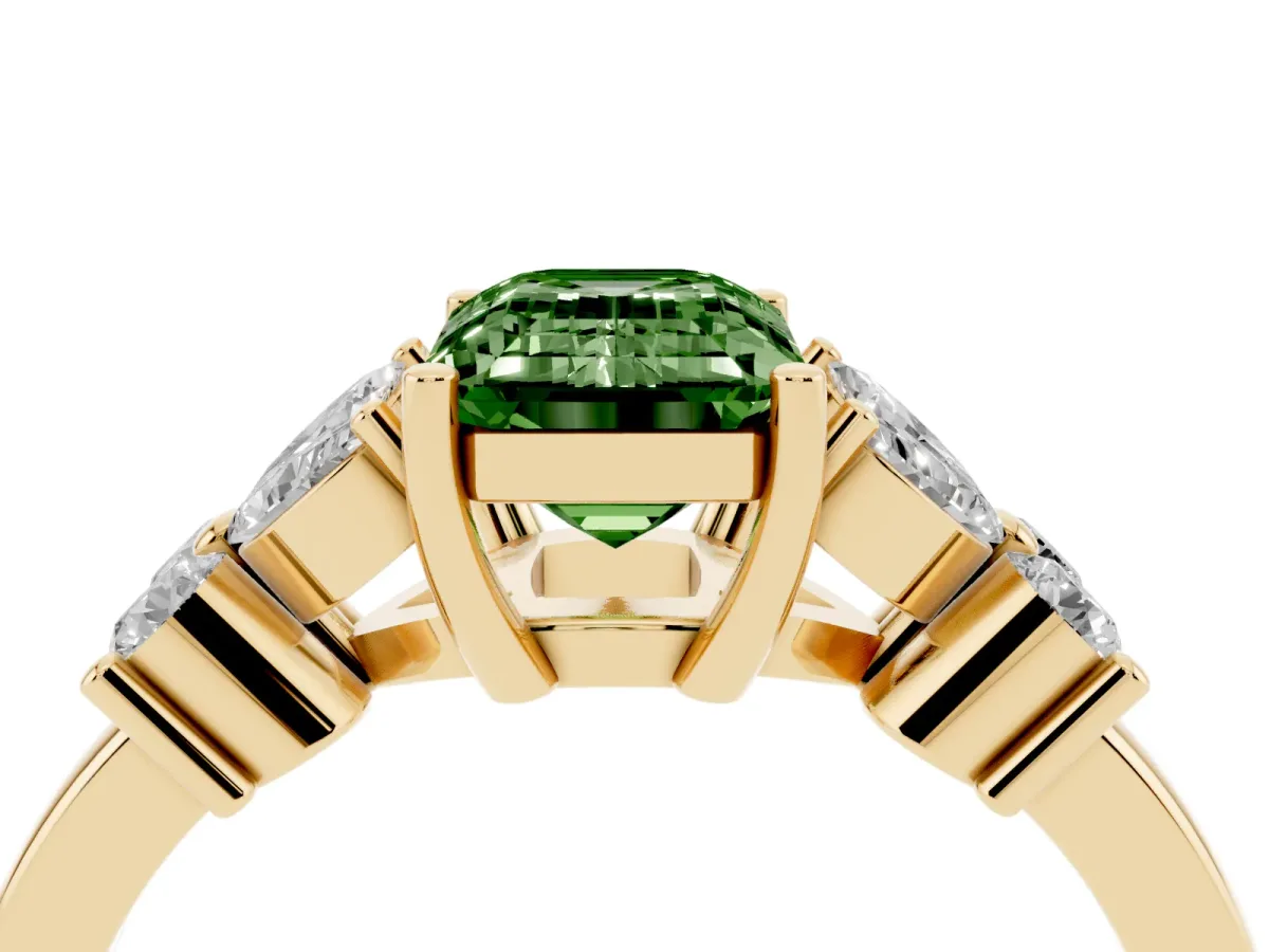Fancy Green Emerald Cut Diamond Floral Cluster Ring with Solitaire Band and Prong Setting Yellow gold