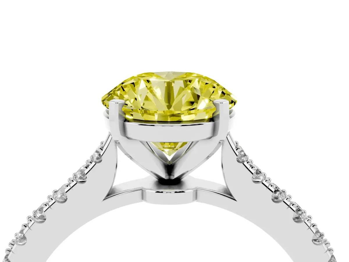 Fancy Yellow Round Cut Cut Solitaire Diamond Engagement Ring with Pave Band and Four-Prong Setting Platinum