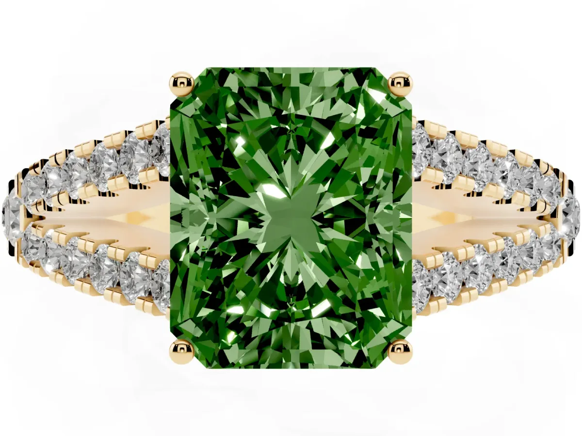 Fancy Green Radiant Cut Diamond Split Shank Engagement Ring with Round Pavé and Prong Setting Yellow gold