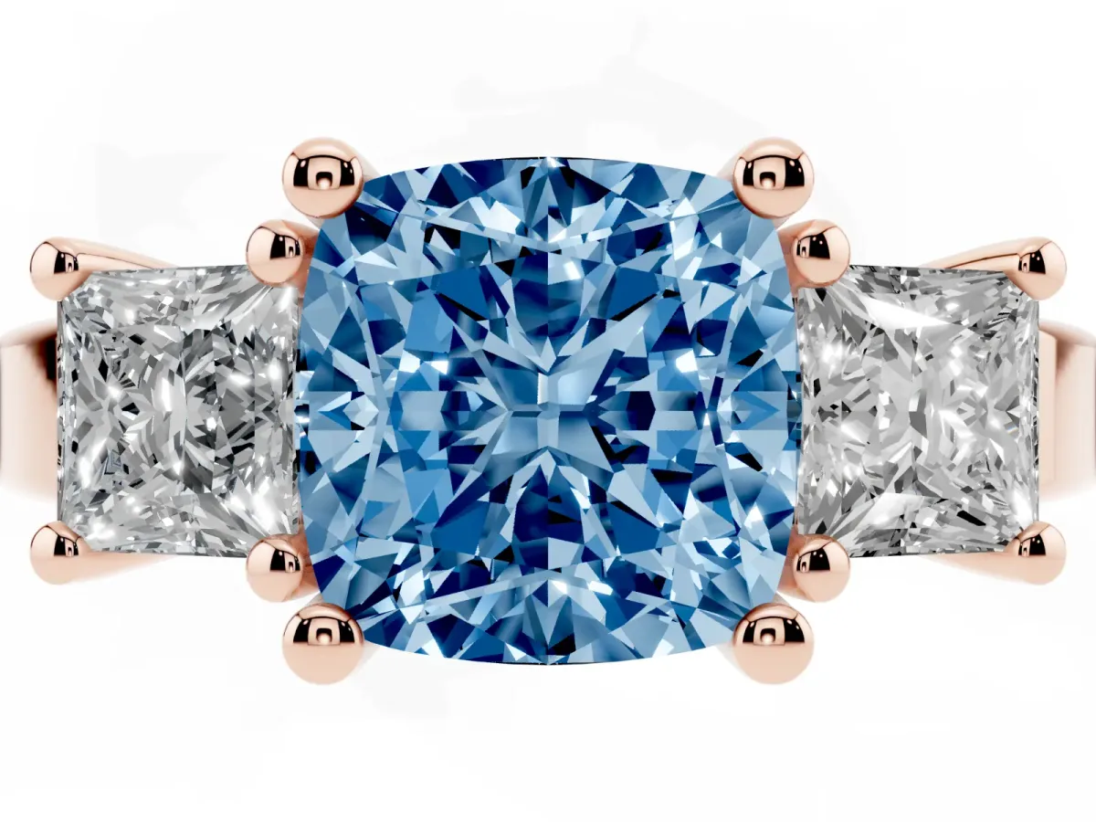 Fancy Blue Three-Stone Cushion Cut Cut Solitaire Ring with Prong Setting Rose gold