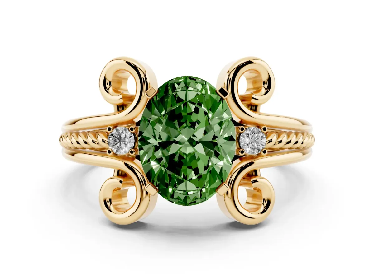 Fancy Green Oval Cut Solitaire Twisted Band Scroll Prong Ring Yellow gold