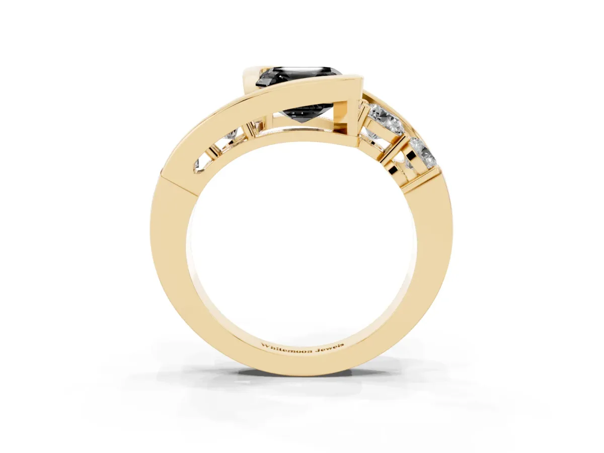 Fancy Black Bezel Set Asscher Cut Diamond Bypass Ring with Round Accents Yellow gold