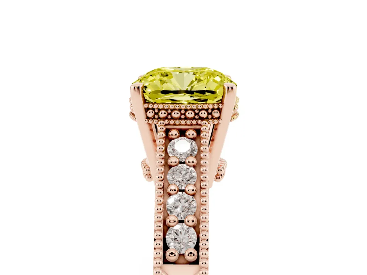 Fancy Yellow Cushion Cut Solitaire Pavé Diamond Milgrain Engagement Ring with Four-Prong Setting Rose gold