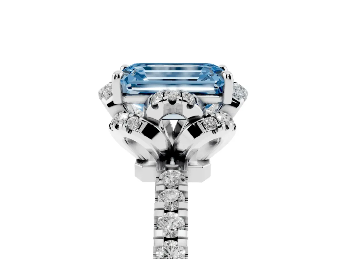 Fancy Blue Emerald Cut Diamond Halo Pave Band with Four-Prong Setting Platinum
