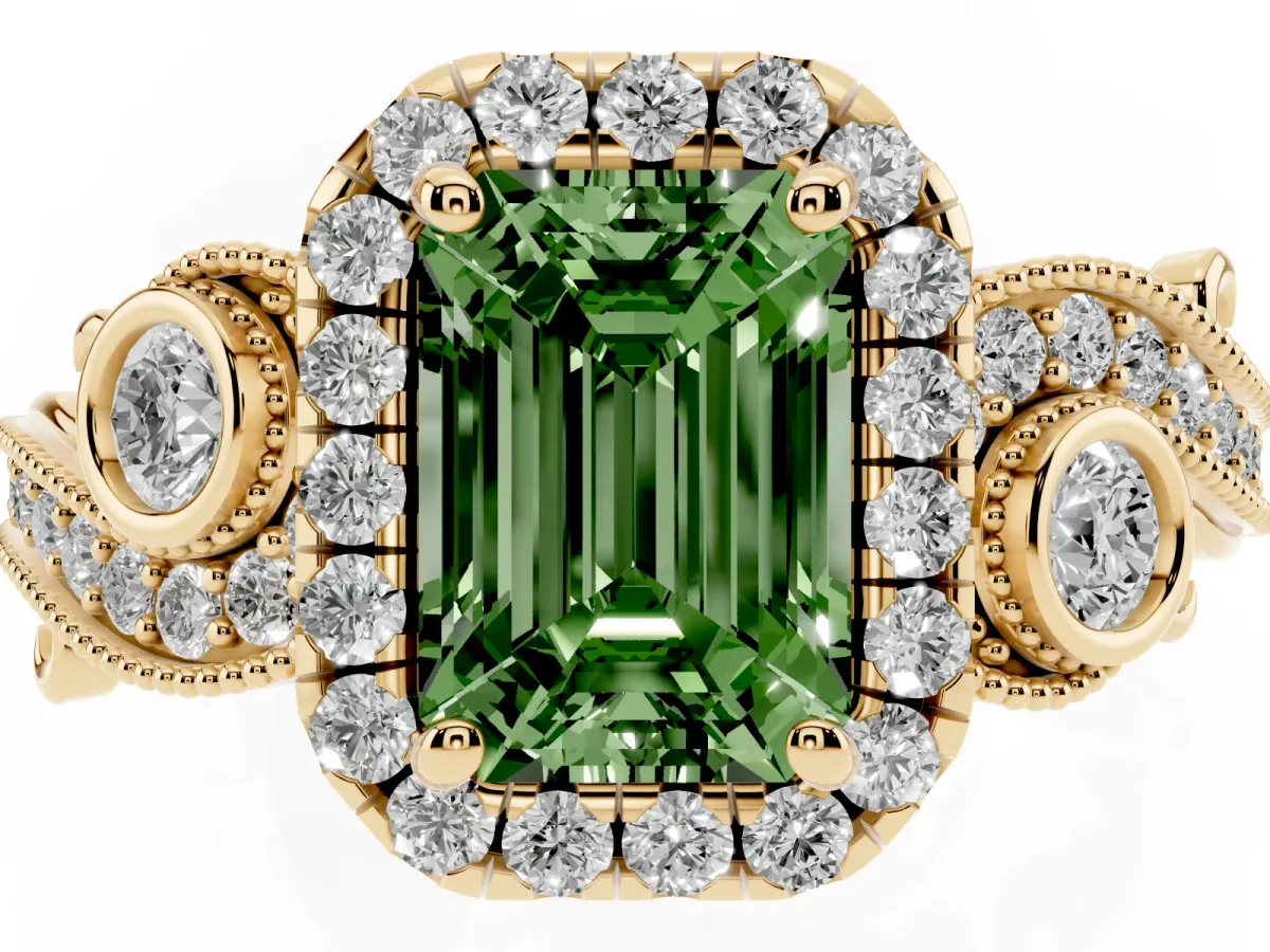 Fancy Green Emerald Cut Diamond Halo Ring with Milgrain Pavé Band and Four-Prong Setting Yellow gold
