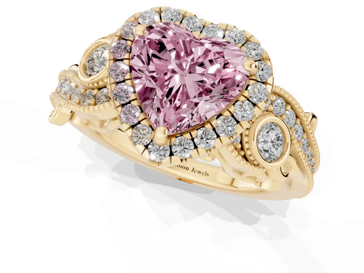 Fancy Pink Heart Cut Diamond Halo Ring with Milgrain Pavé Band and Four-Prong Setting Yellow gold