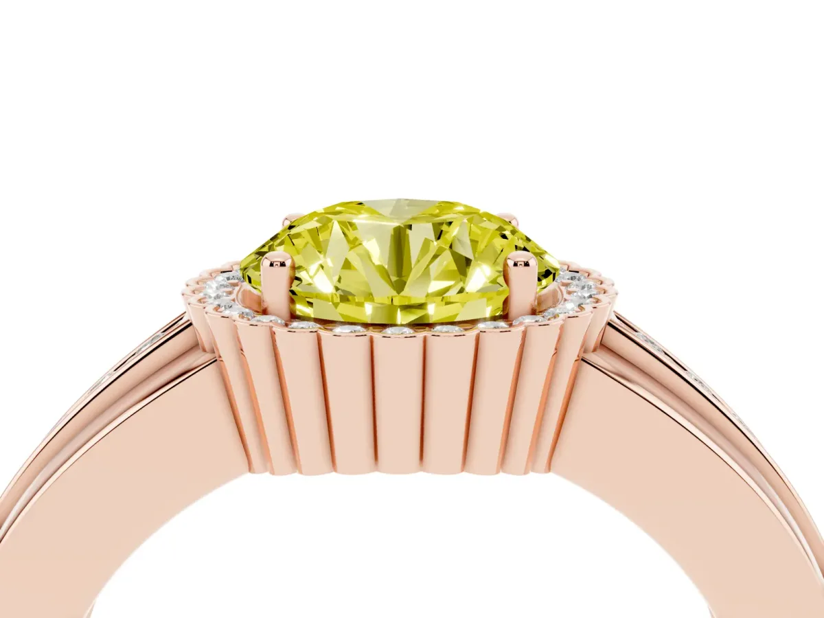 Fancy Yellow Round Cut Cut Halo Pave Band Four-Prong Ring Rose gold