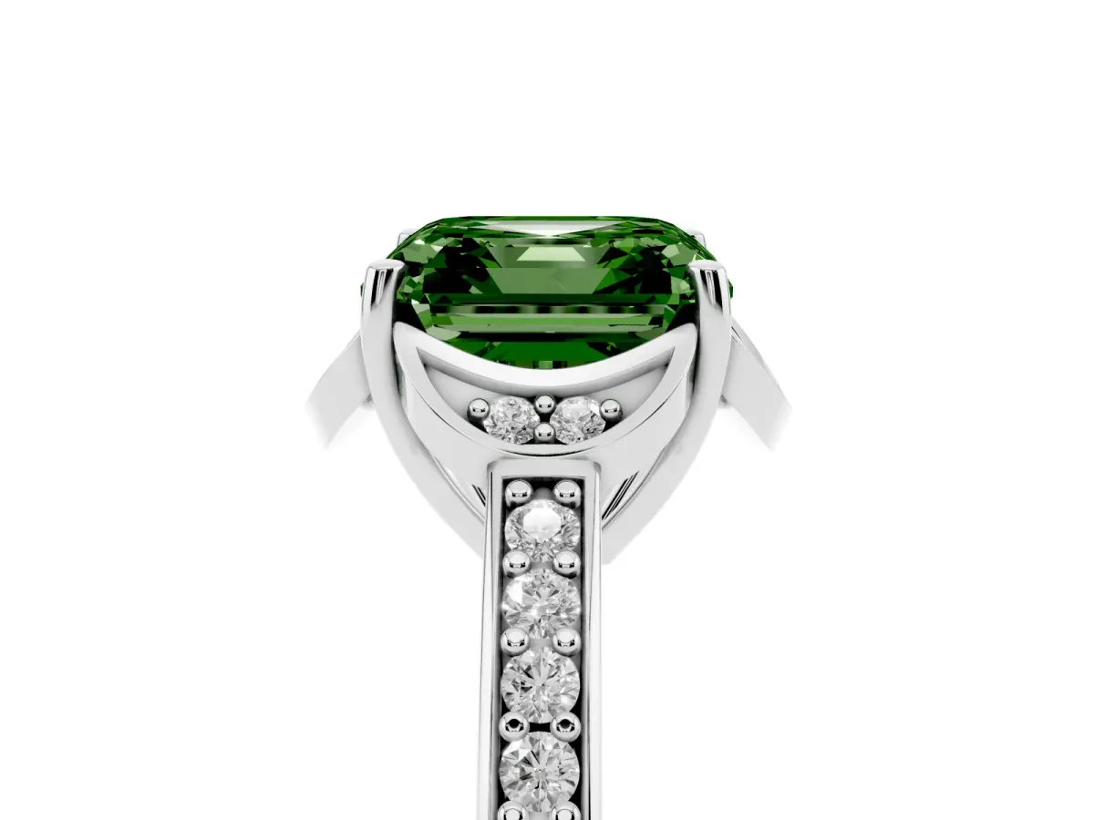 Fancy Green Asscher Cut Cut Halo Diamond Ring with Channel Set Band and Four-Prong Setting White gold