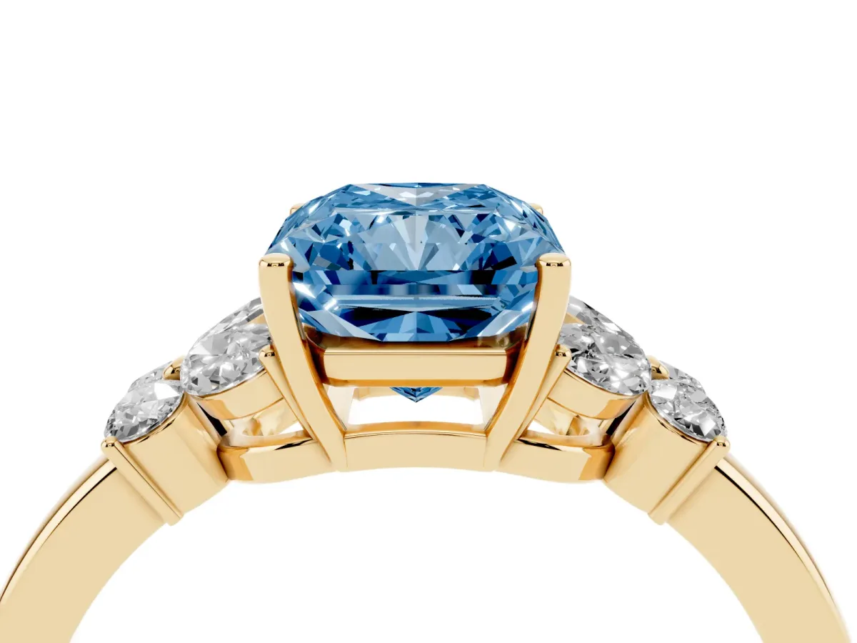 Fancy Blue Radiant Cut Cut Solitaire Floral Diamond Ring with Four-Prong Setting Yellow gold