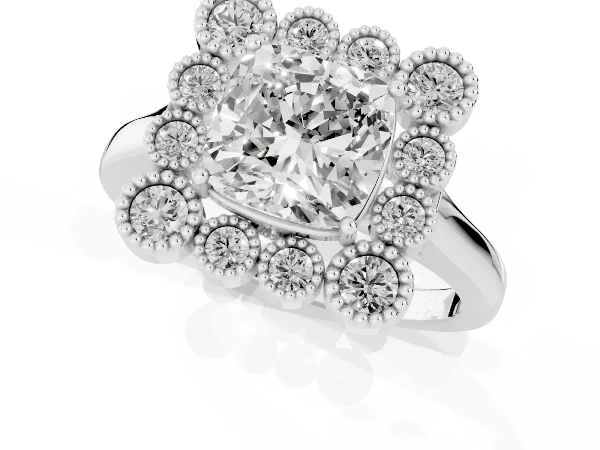 Cushion Cut Halo Diamond Cluster Engagement Ring with Milgrain Bezel Setting and Solitaire Band Platinum