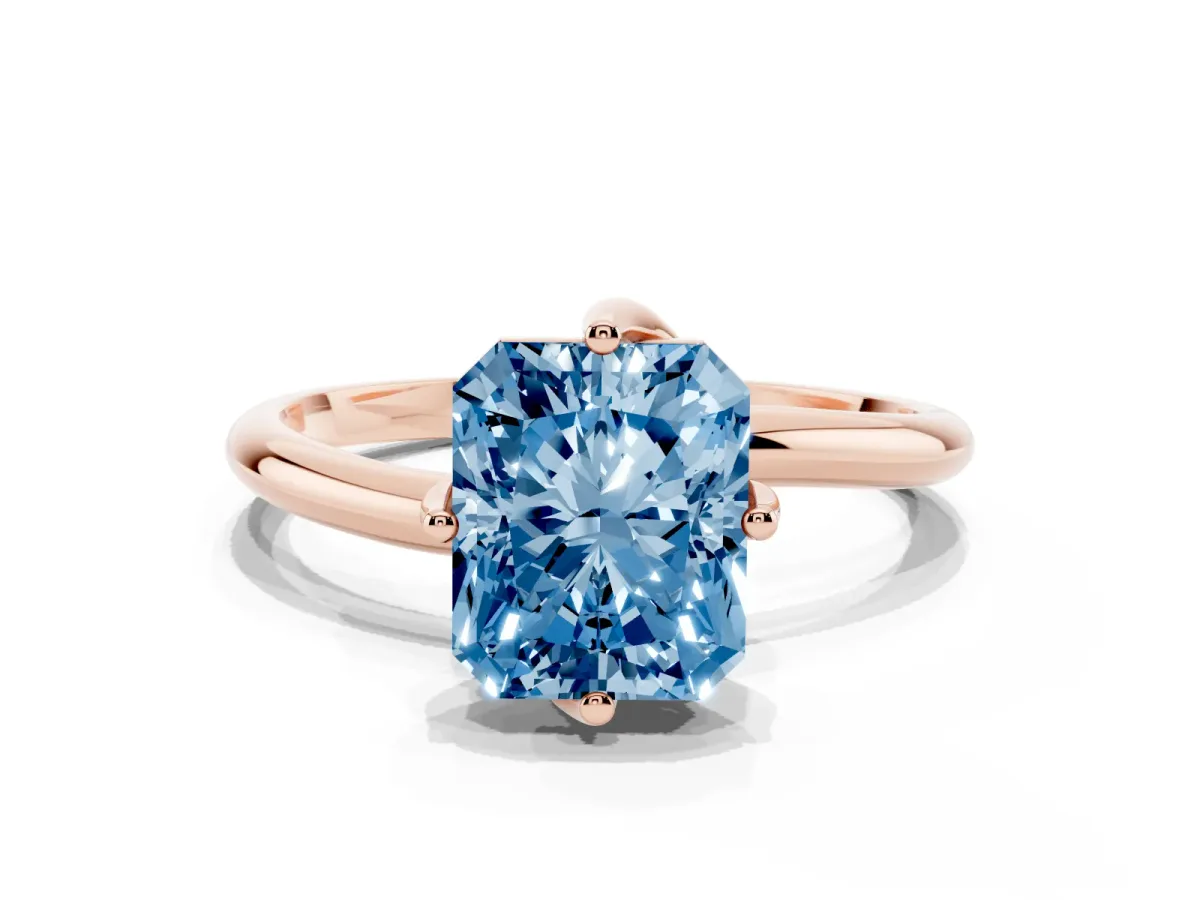 Fancy Blue Radiant Cut Diamond Solitaire Engagement Ring with Four-Prong Setting and Classic Band Rose gold