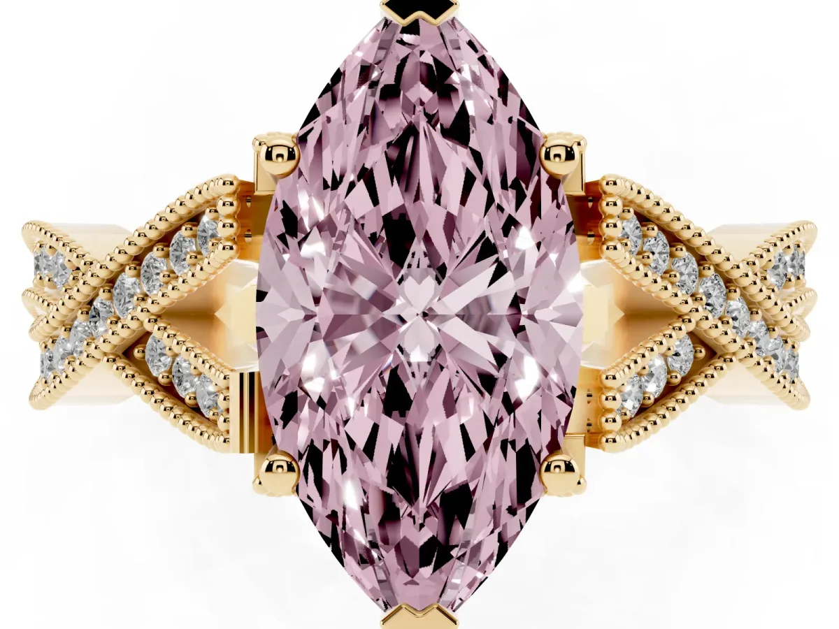 Fancy Pink Marquise Cut Cut Diamond Twisted Band with Milgrain Pave Setting and Four-Prong Setting Yellow gold