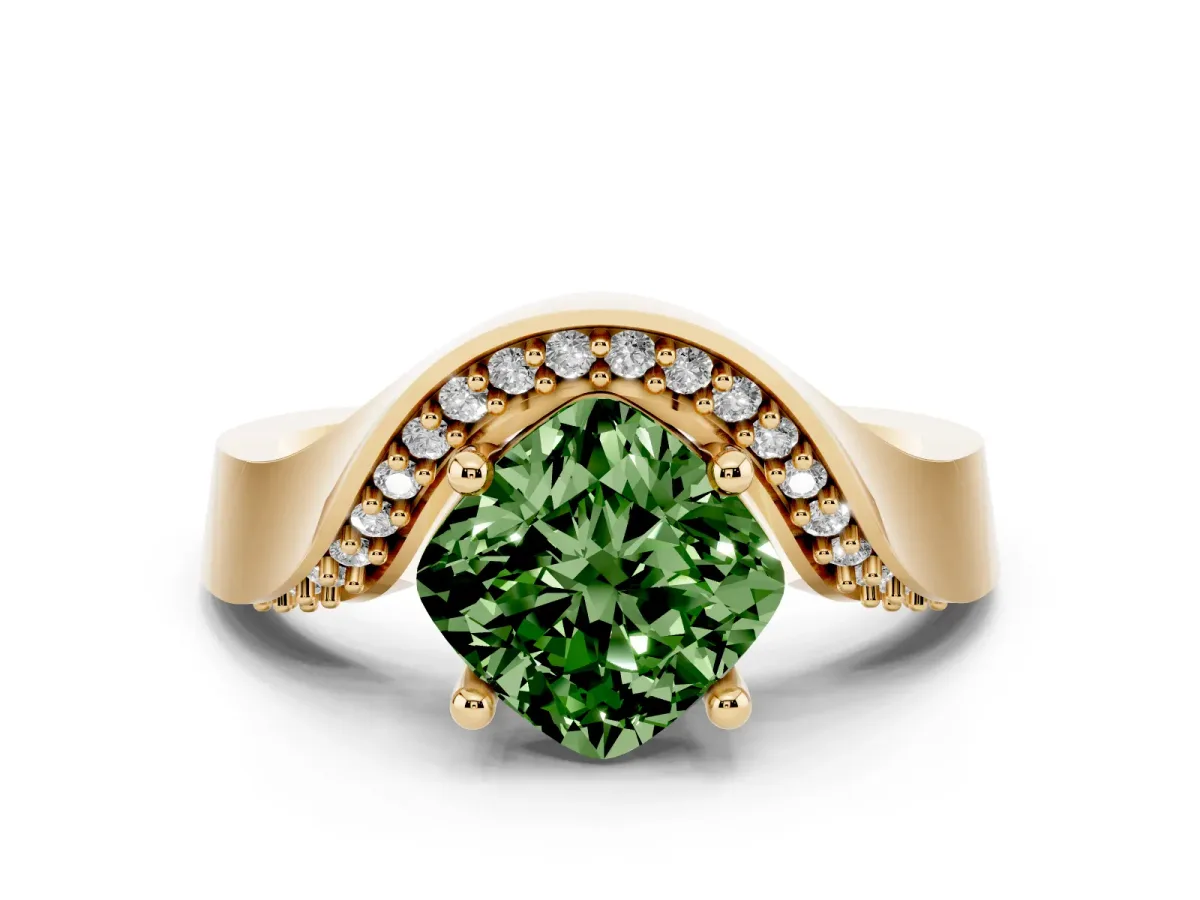 Fancy Green Cushion Cut Solitaire Diamond Engagement Ring with Pave Band and Four-Prong Setting Yellow gold