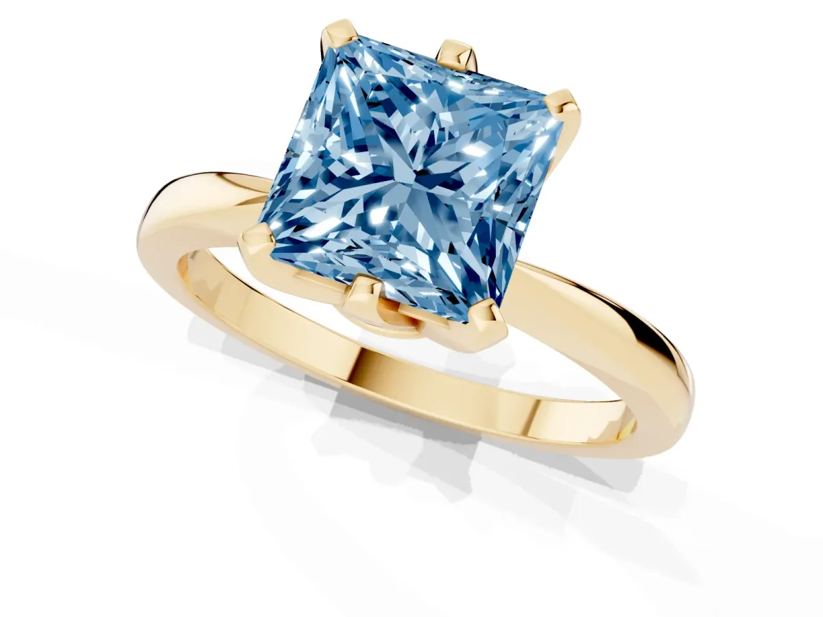Fancy Blue Princess Cut Solitaire Engagement Ring with Six-Prong Setting and Tapered Band Yellow gold