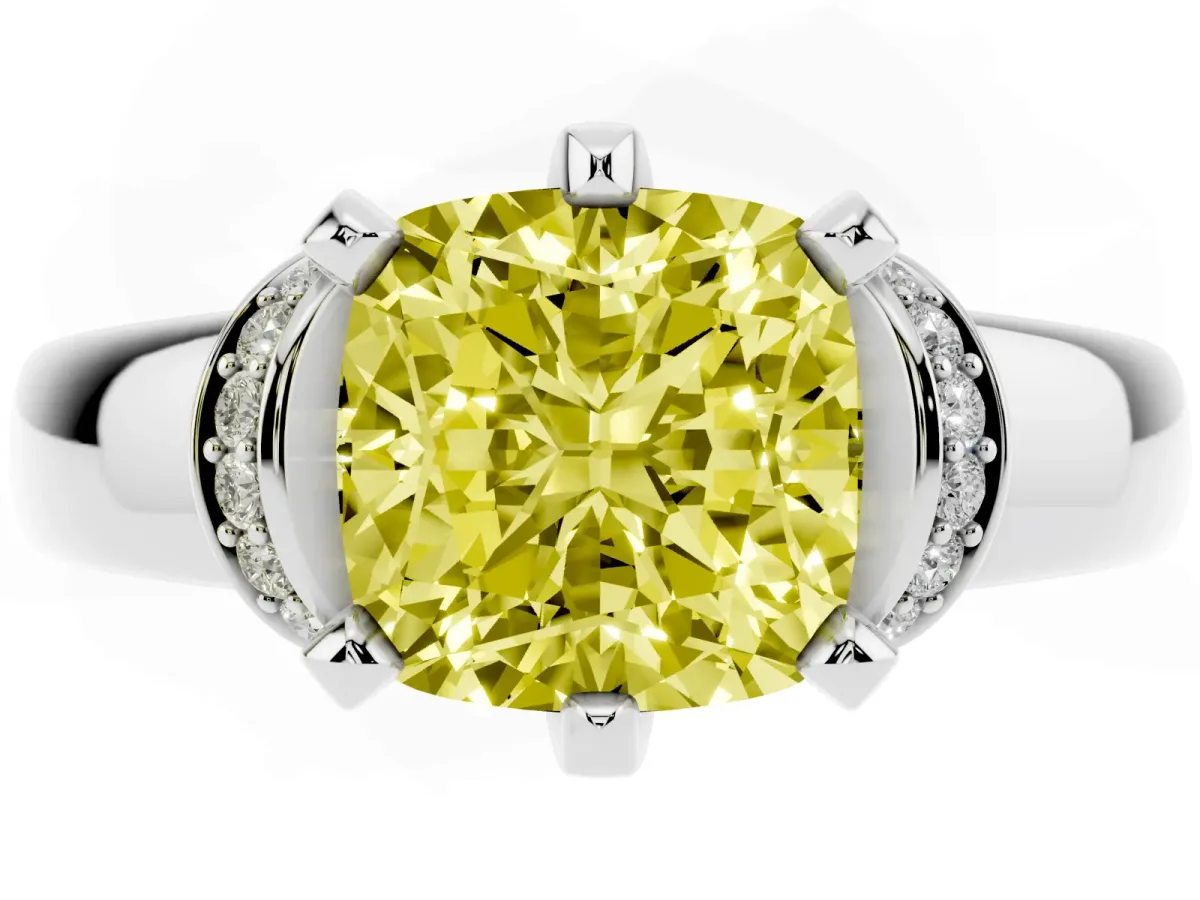Fancy Yellow Cushion Cut Solitaire Diamond Ring with Pave Band and Six-Prong Setting Silver