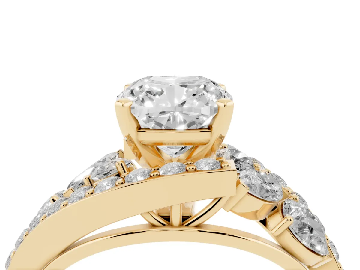 Cushion Cut Diamond Halo Ring with Marquise and Pavé Band in Prong Setting Yellow gold