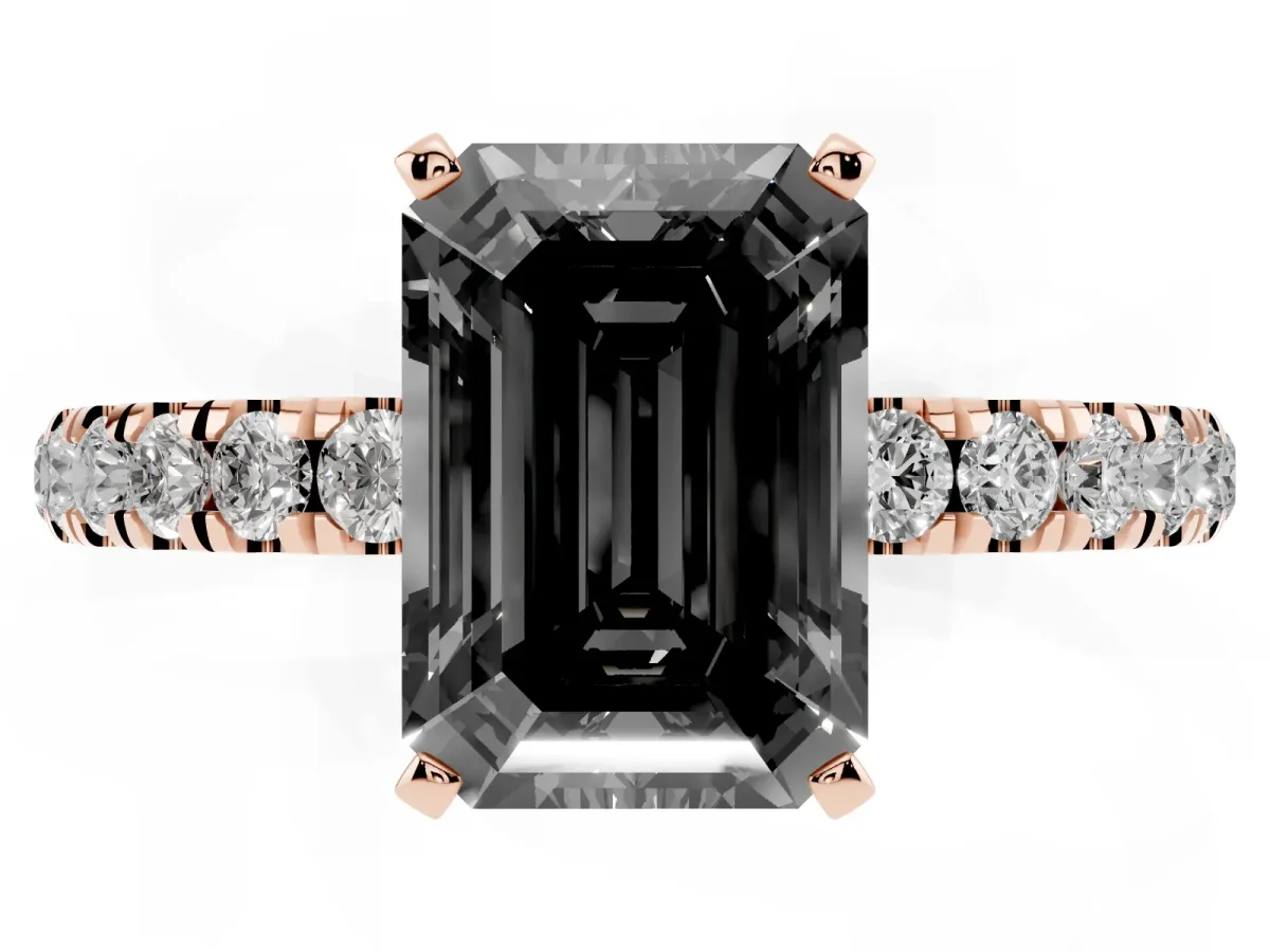 Fancy Black Emerald Cut Diamond Solitaire Ring with Pavé Accents and Four-Prong Setting Rose gold