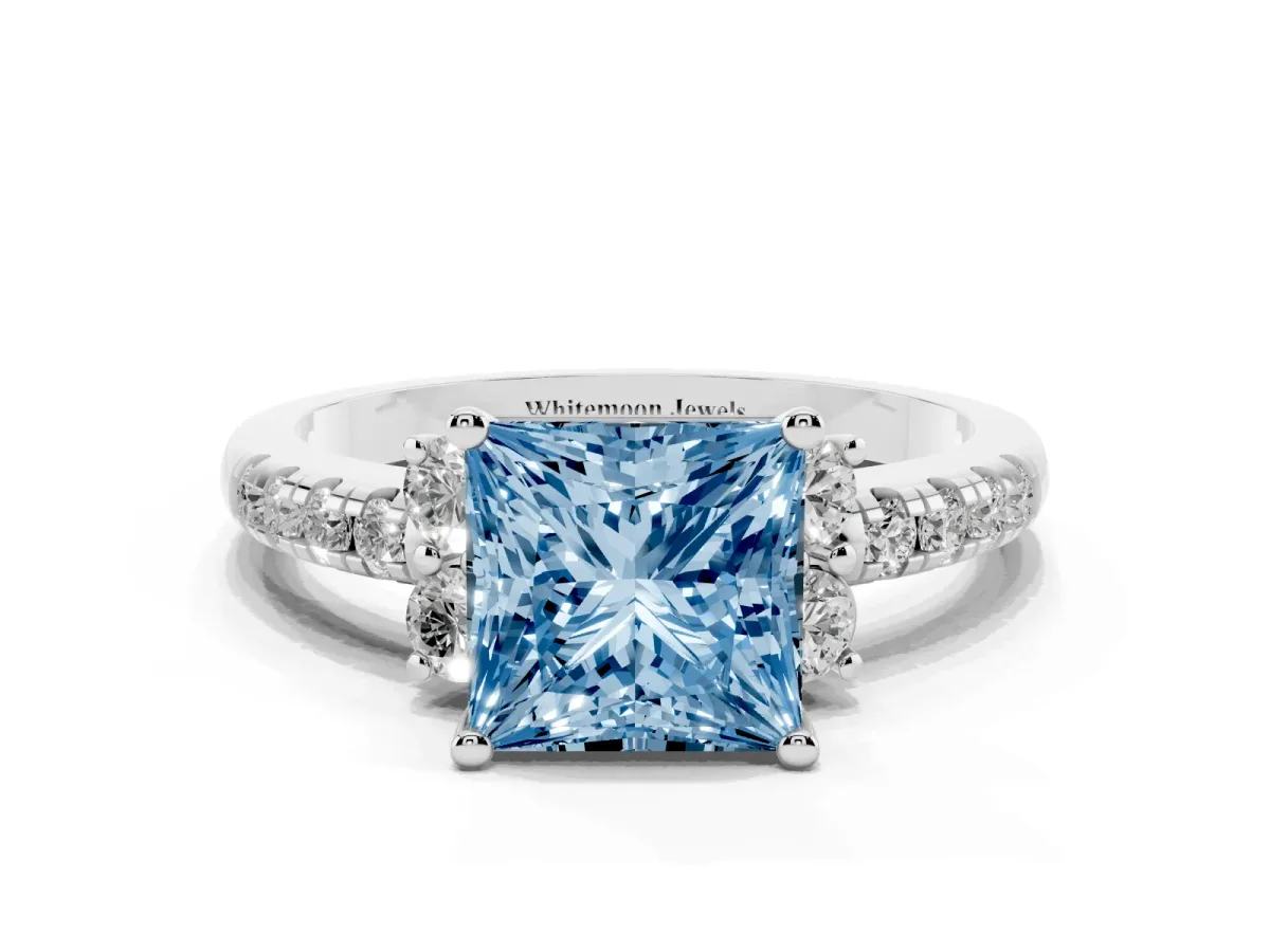 Fancy Blue Princess Cut Diamond Three-Stone Pave Band with Four-Prong Setting Silver